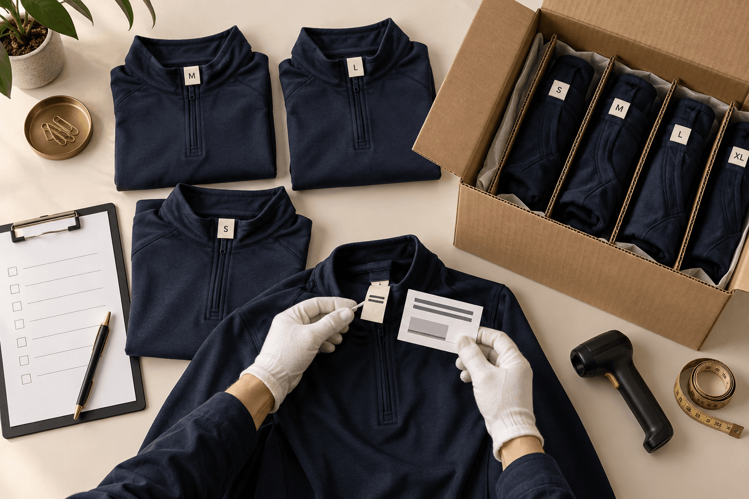 Illustration of first-carton verification using garment tags, carton contents and a packing record