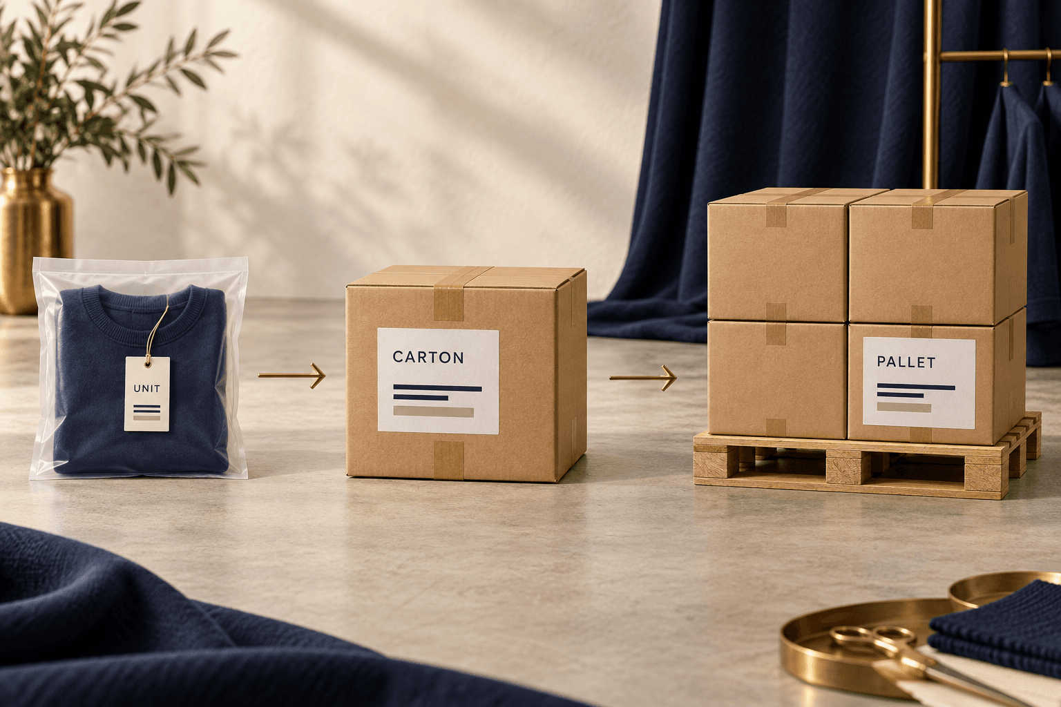 Illustration of garment, carton and pallet identification levels in B2B apparel packing