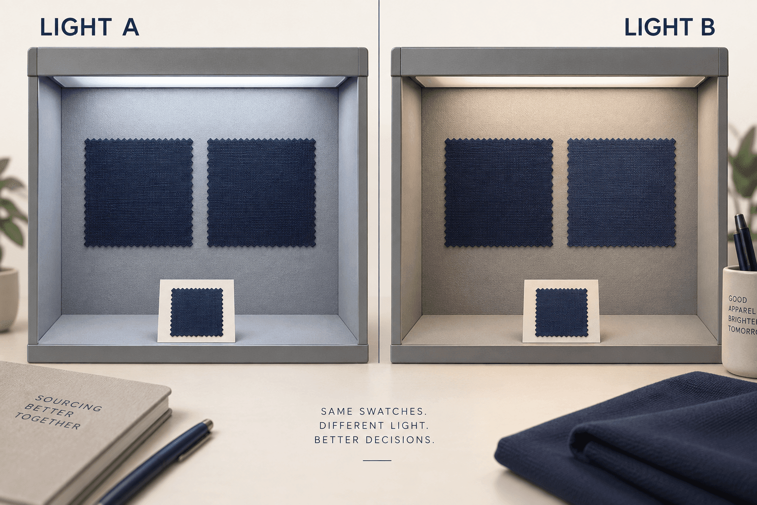 Illustration of an OEM apparel supplier comparing master and production swatches under controlled light