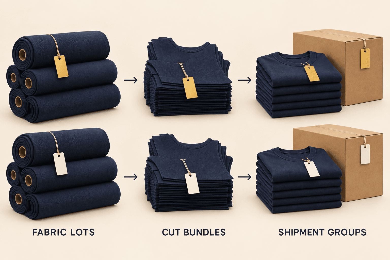 Illustration of labeled fabric lots connected to cutting bundles and packed apparel units