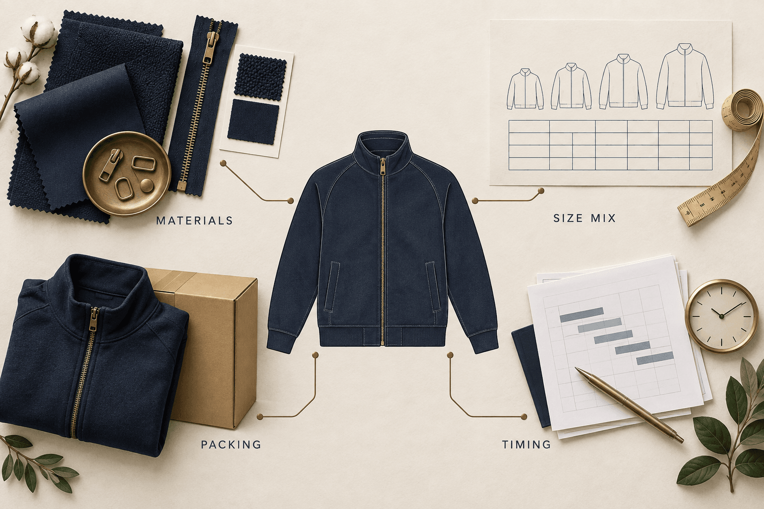 Illustration of an OEM apparel RFQ brief linking materials, size mix, packing and timing