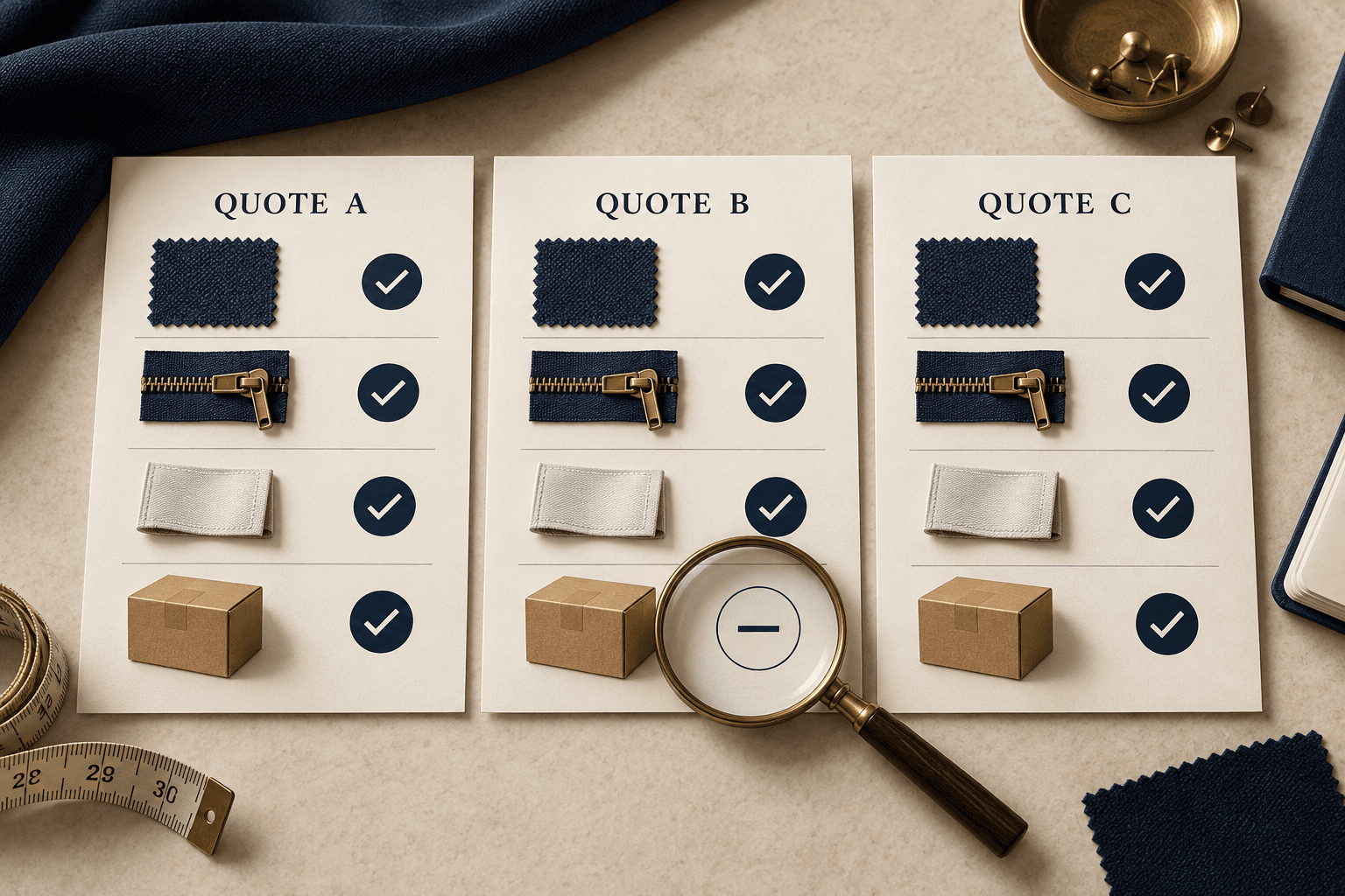 Illustration of three supplier quote cards being compared using matching inclusion rows