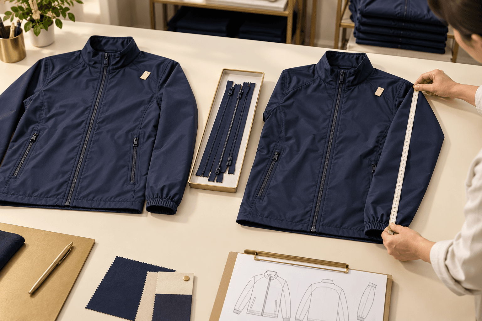 Illustration of first production output being compared with an approved garment reference