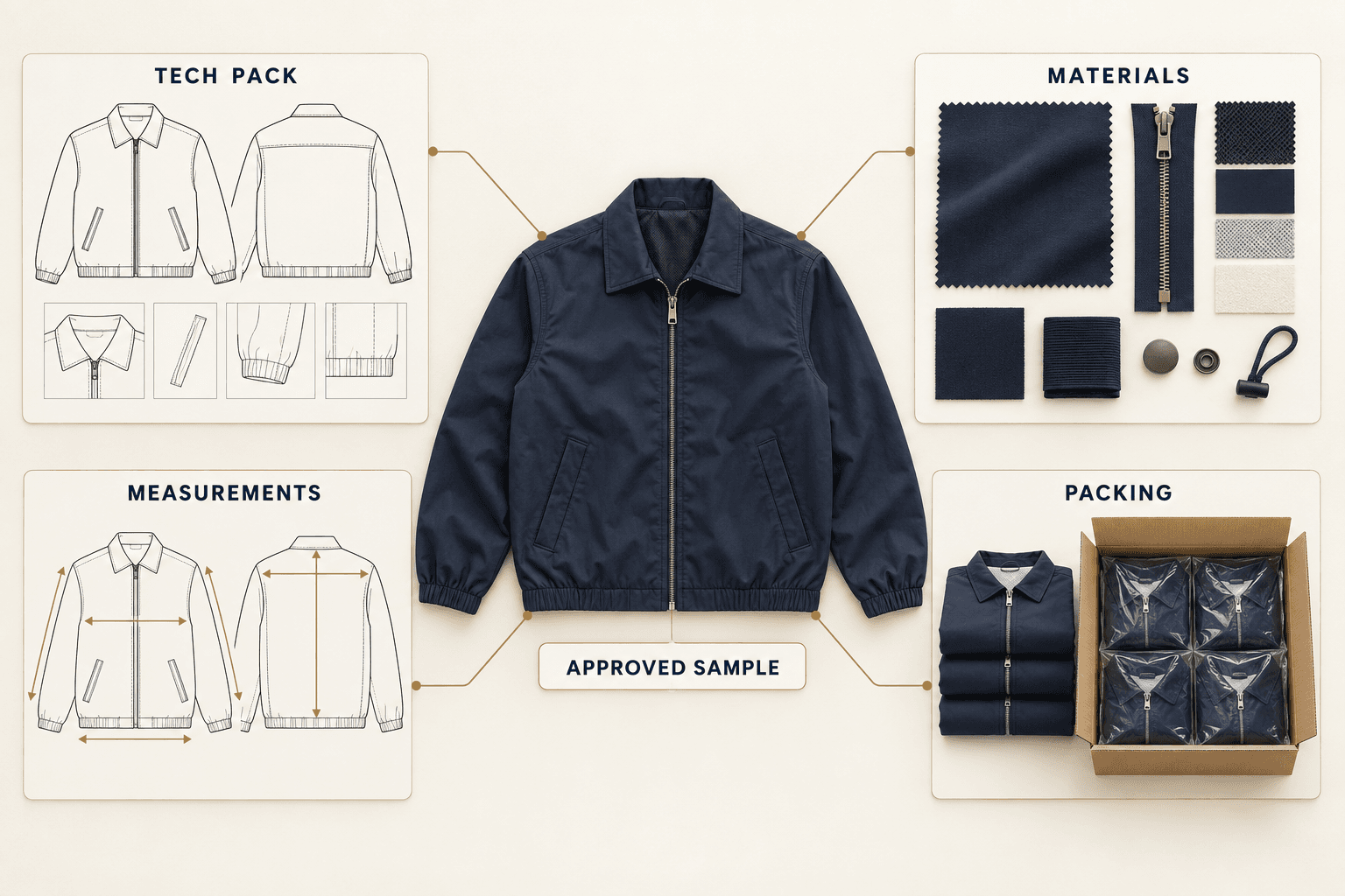 Illustration of an OEM apparel manufacturer release pack with garment, swatches and controlled documents