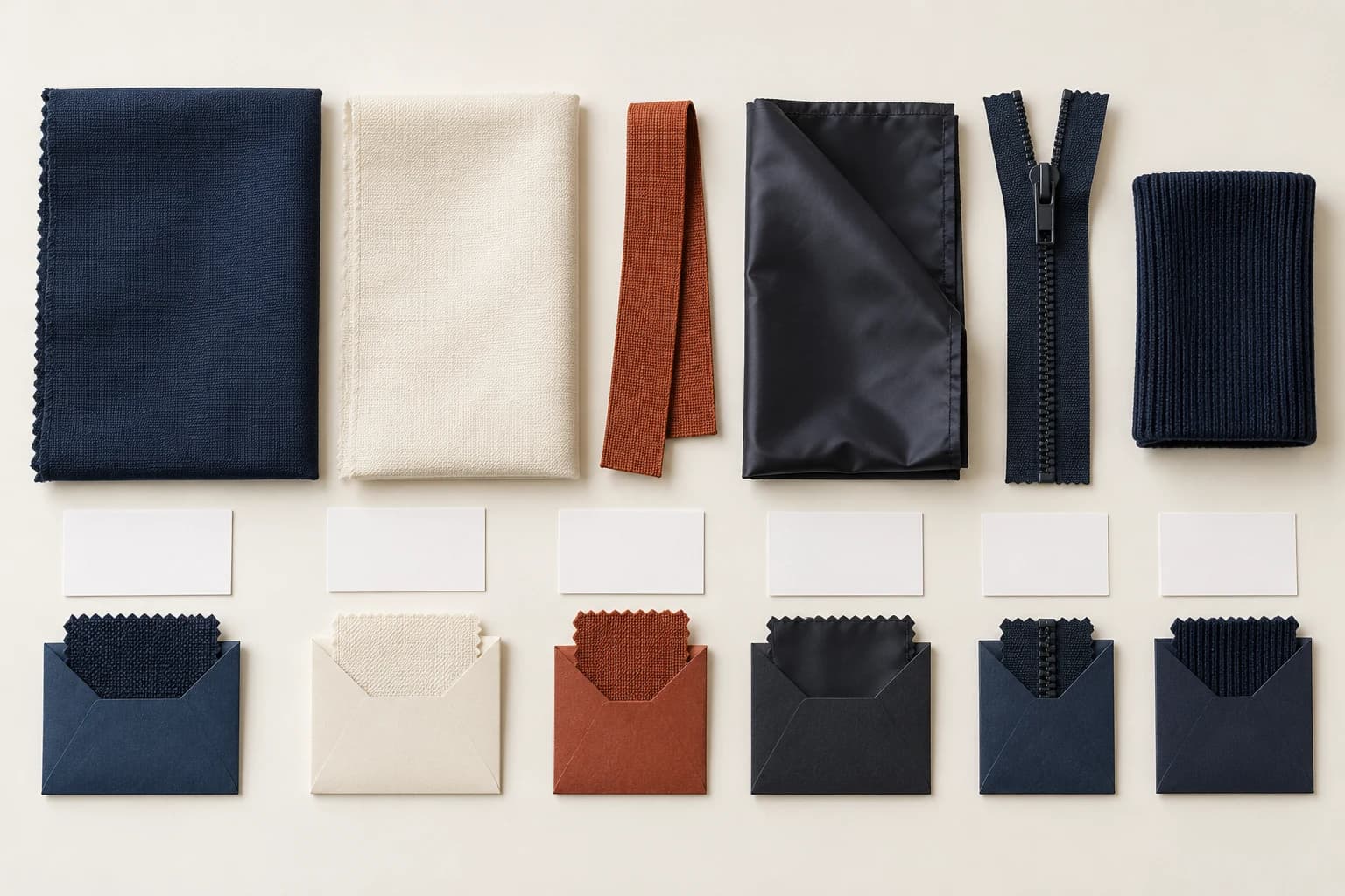 Illustrated navy and cream textile components, rust trim, lining, zipper tape and rib with separate sample envelopes