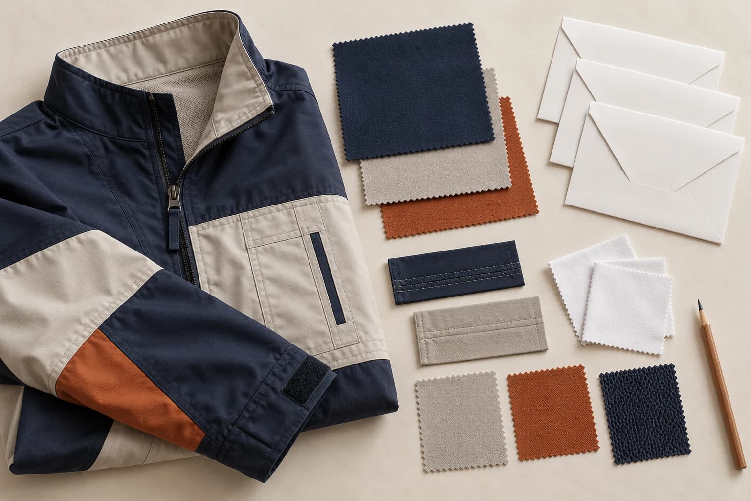 Illustrated contrast jacket, navy, cream and rust swatches, white cloths and blank sample envelopes