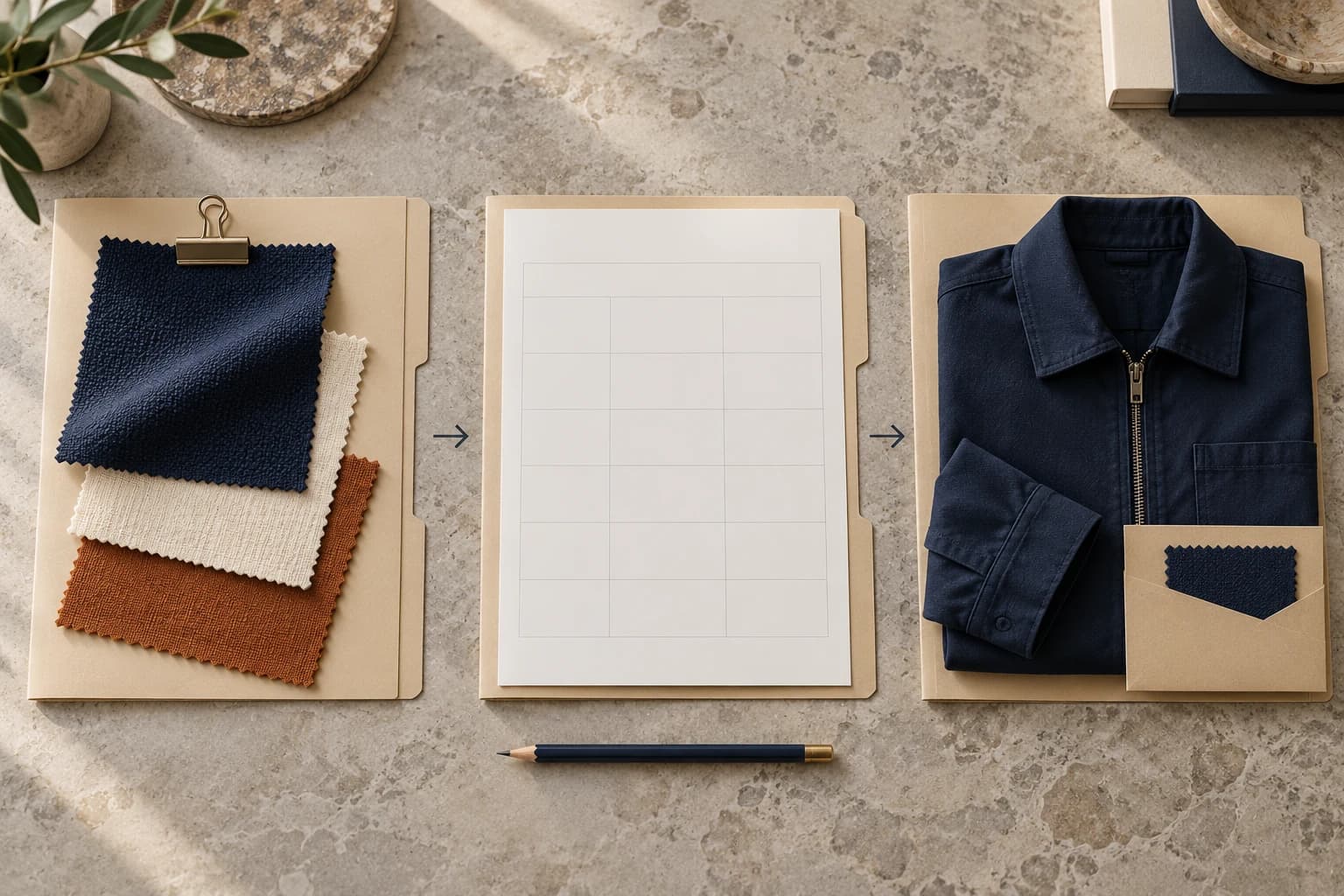 Illustrated material swatches, blank approval sheet and folded garment arranged as a linked decision record