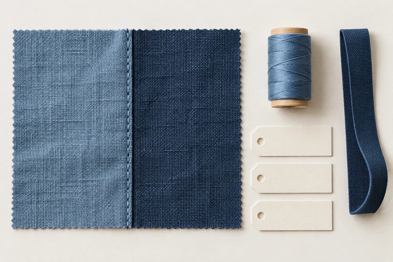 Illustrative fabric panels, thread and separate identity tags for a proposed seam assembly