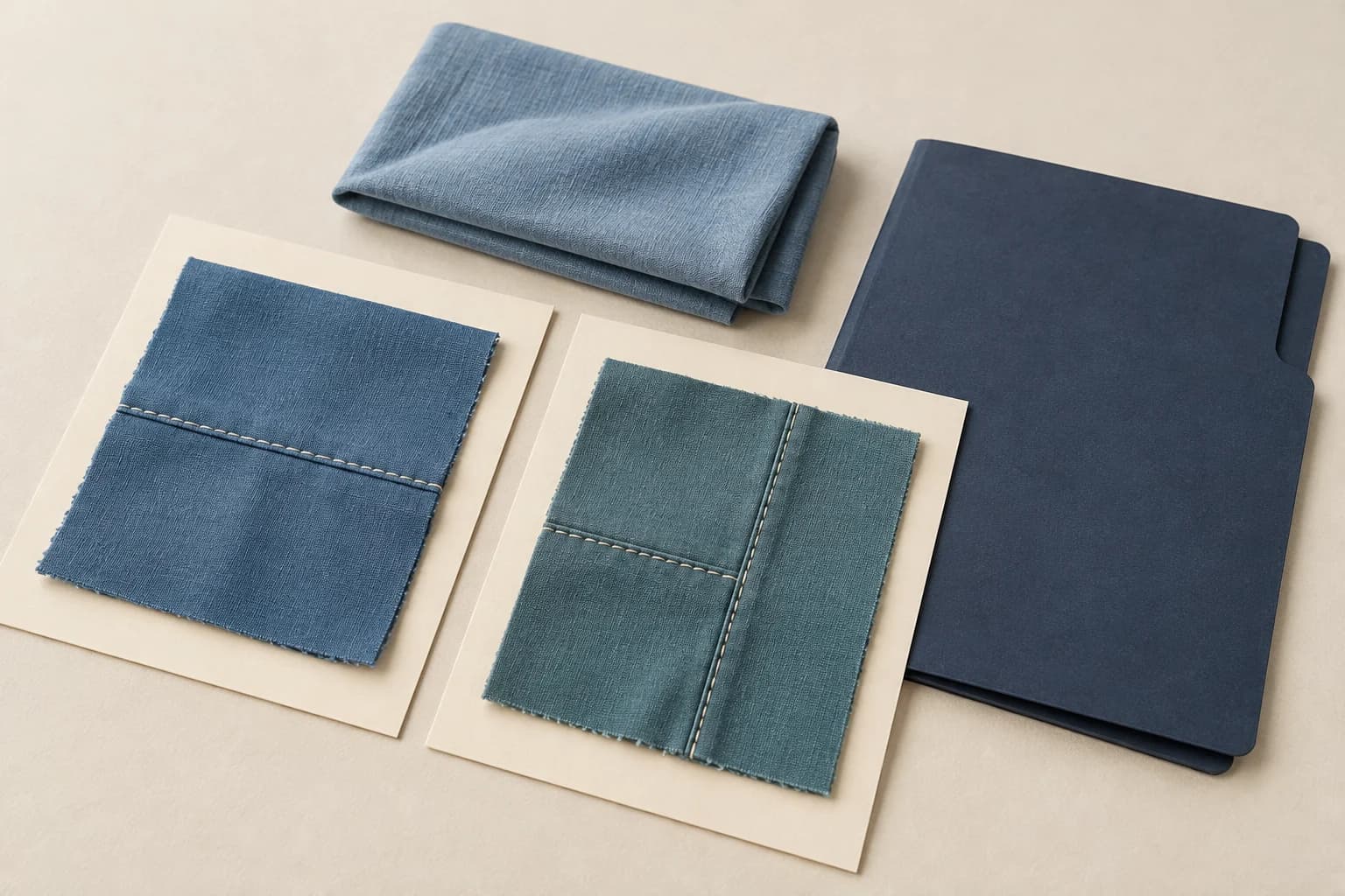 Illustrative separate sewn assemblies on development cards beside a revision folder