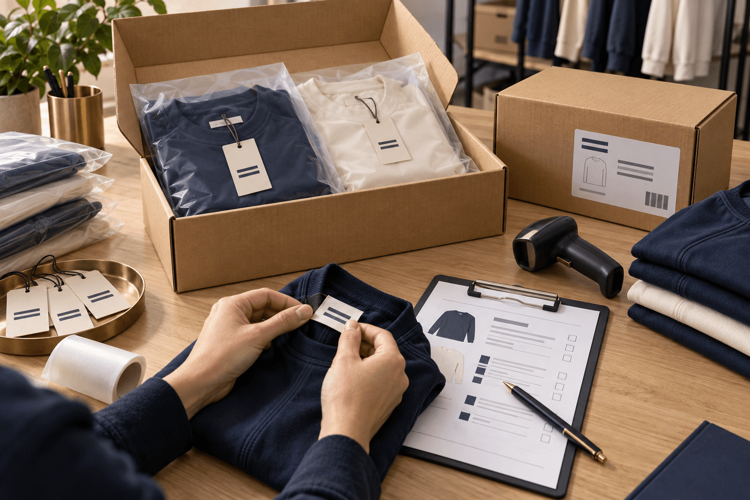 Original illustration of private label apparel packing with garment labels, carton labels and an inspection record