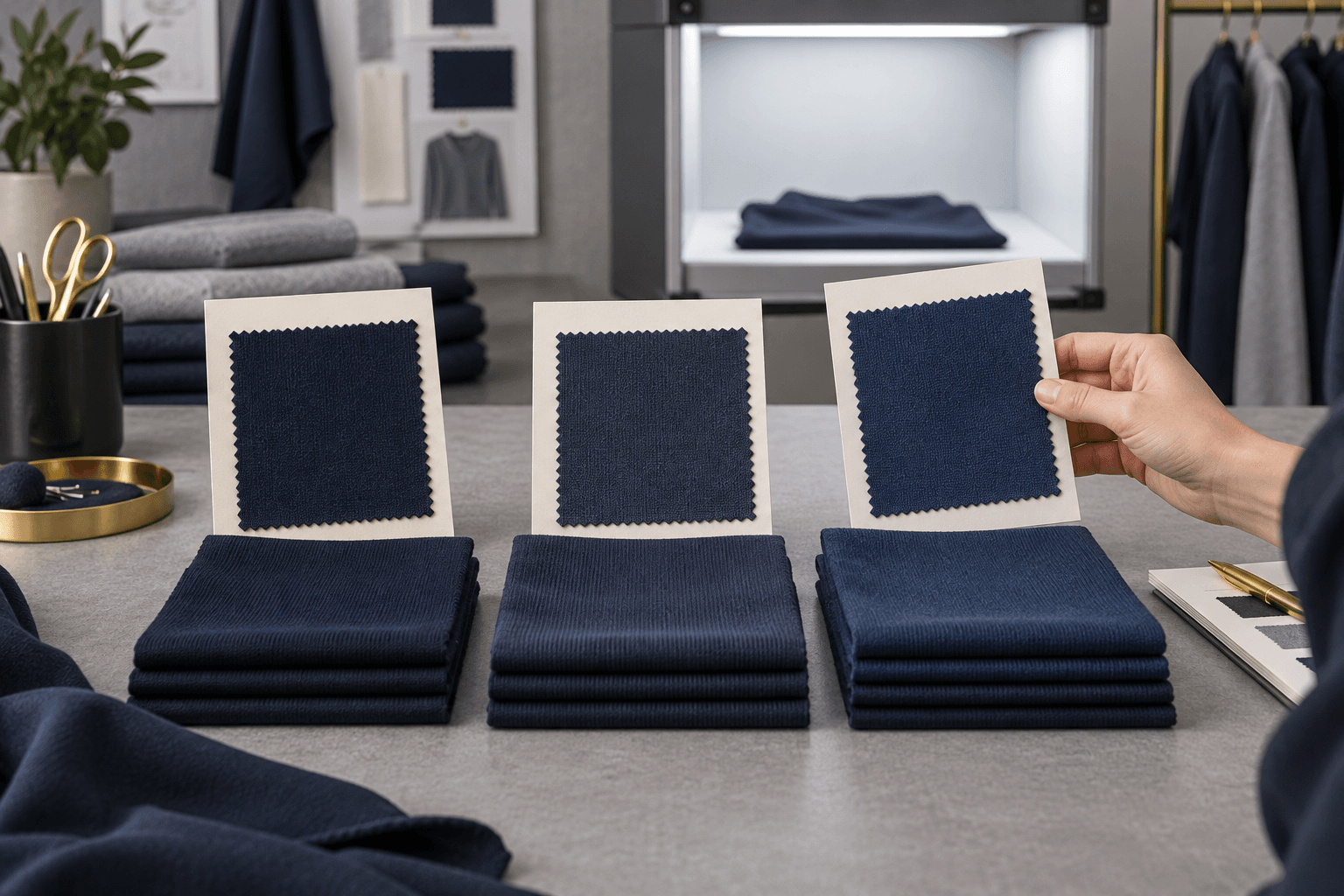 Original illustration of navy fabric shade references for private label apparel reorder approval