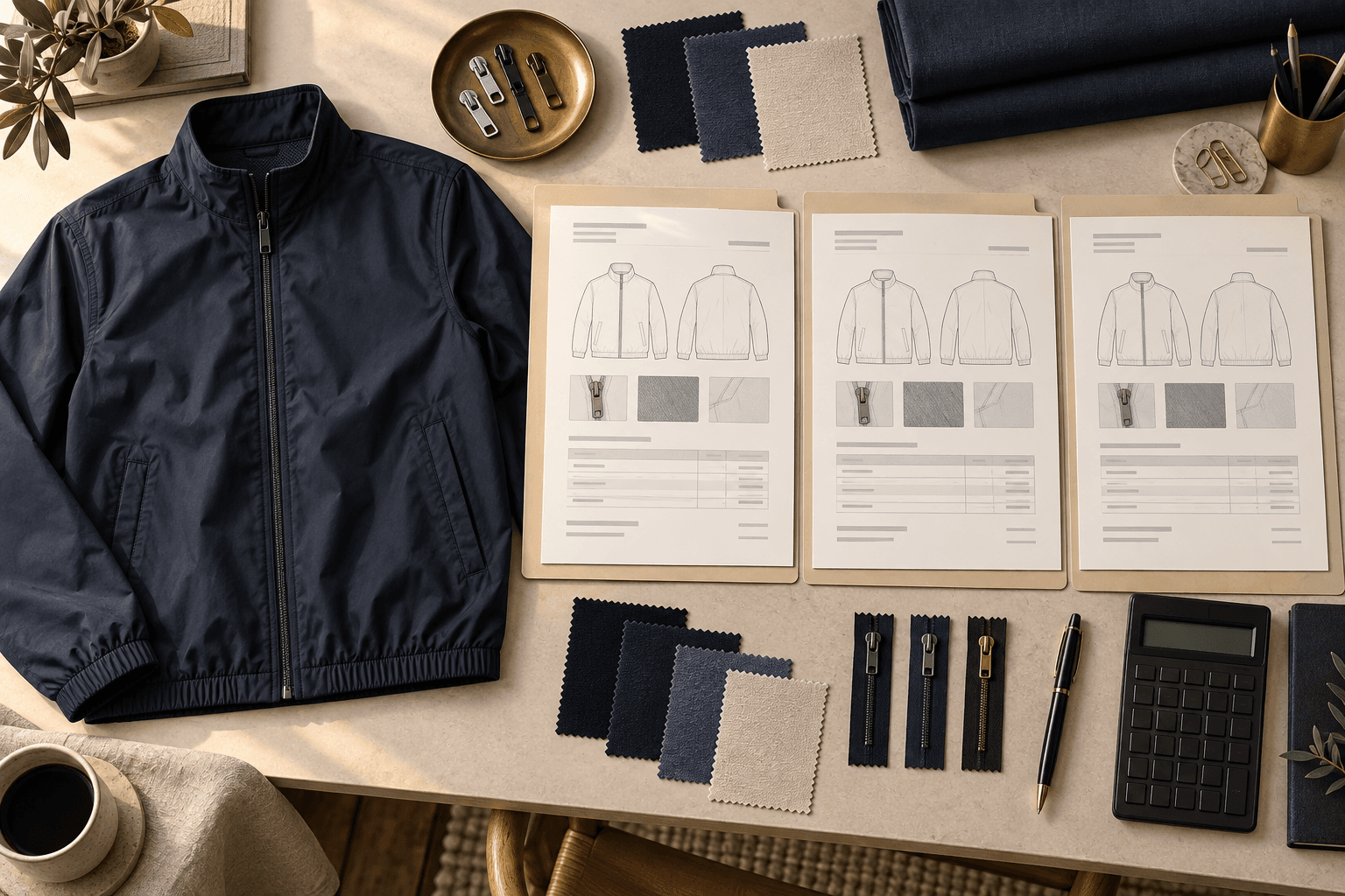 Original illustration of a B2B apparel buyer comparing supplier quotes against one jacket specification