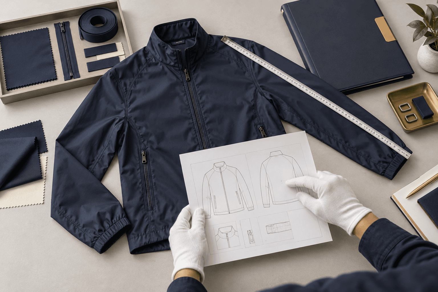 Original illustration of an OEM apparel sample review with a navy jacket and technical pack