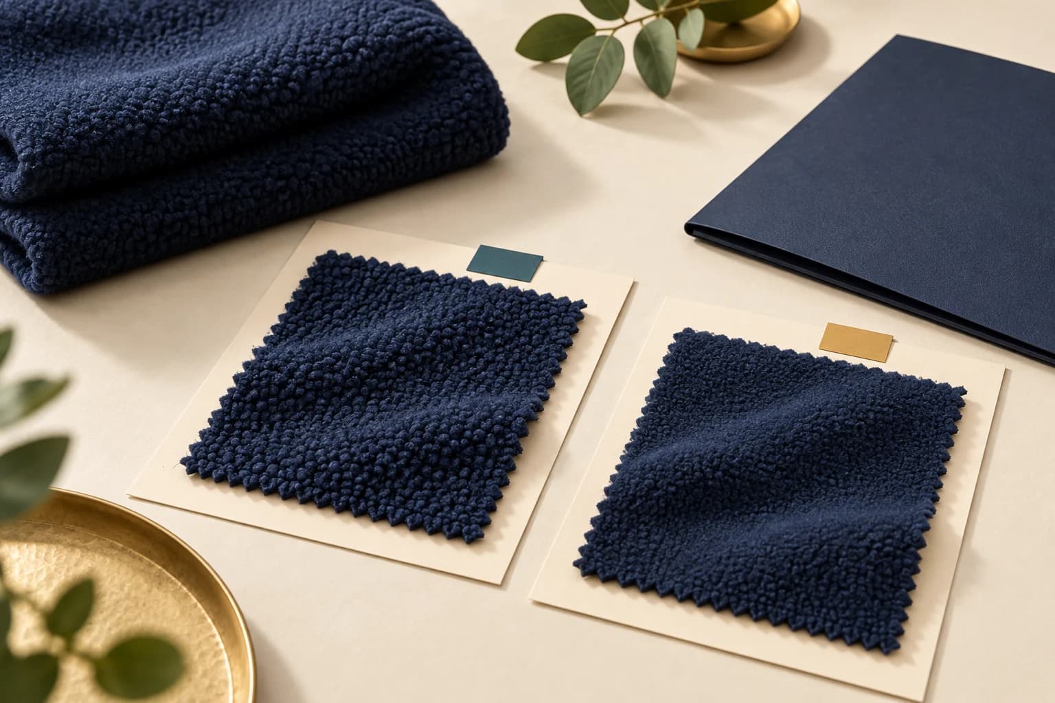 Illustrative fleece swatches on separate material identity cards; not actual tested samples