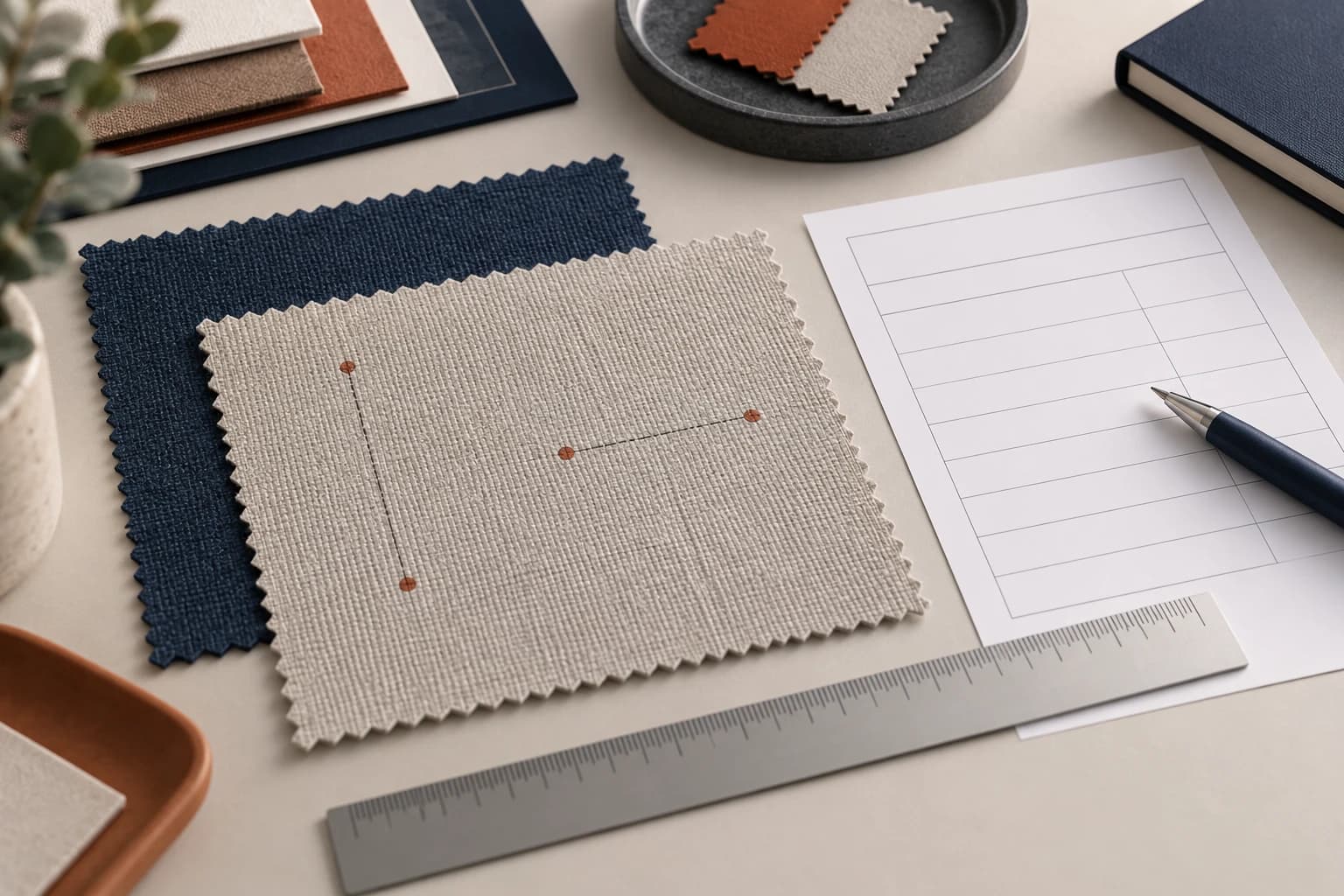 Illustrated fabric shrinkage test planning desk with material swatches and measurement records