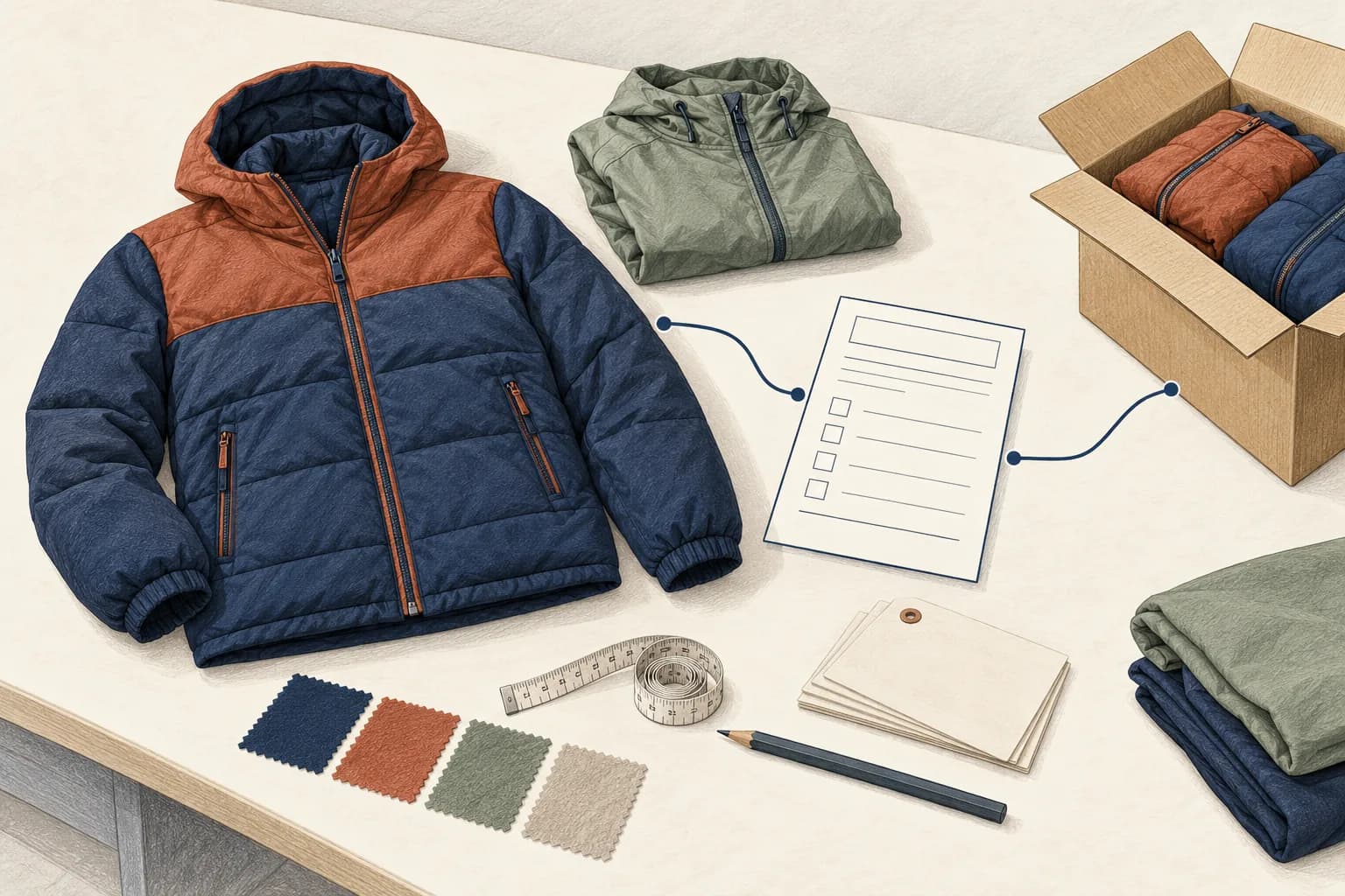 Illustration of apparel inspection records and packed garments for a bulk release decision