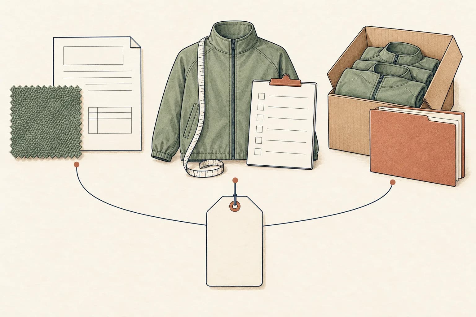 Illustration connecting a material report, garment inspection and packed shipment to one order reference