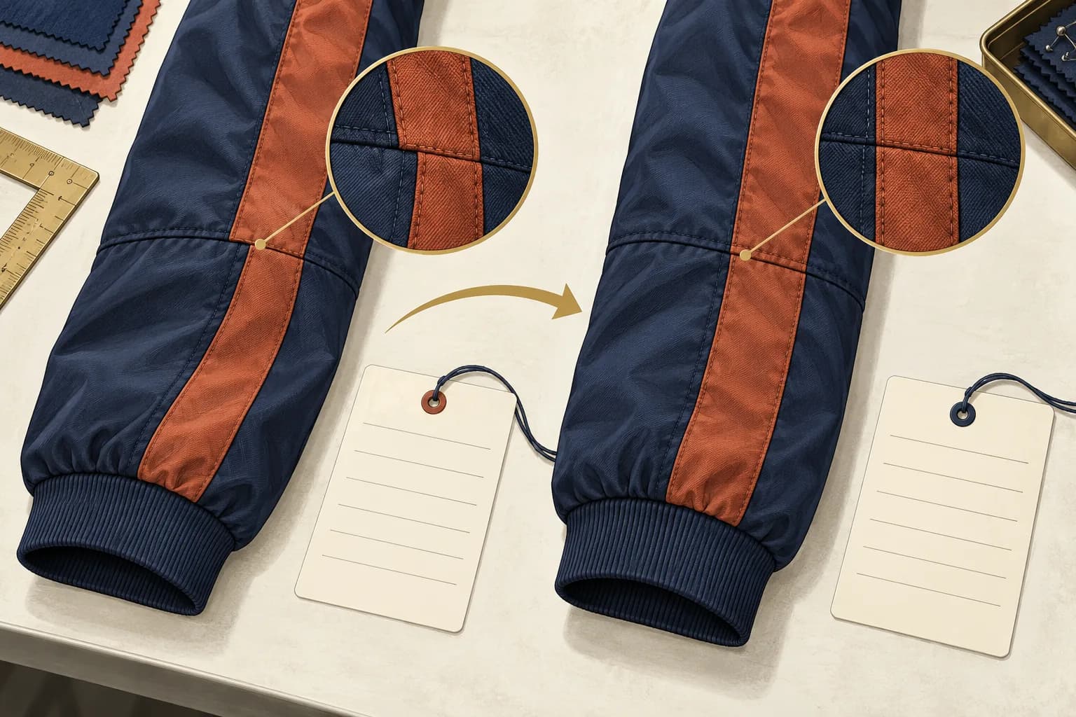 Illustration comparing a garment seam detail before and after corrective review