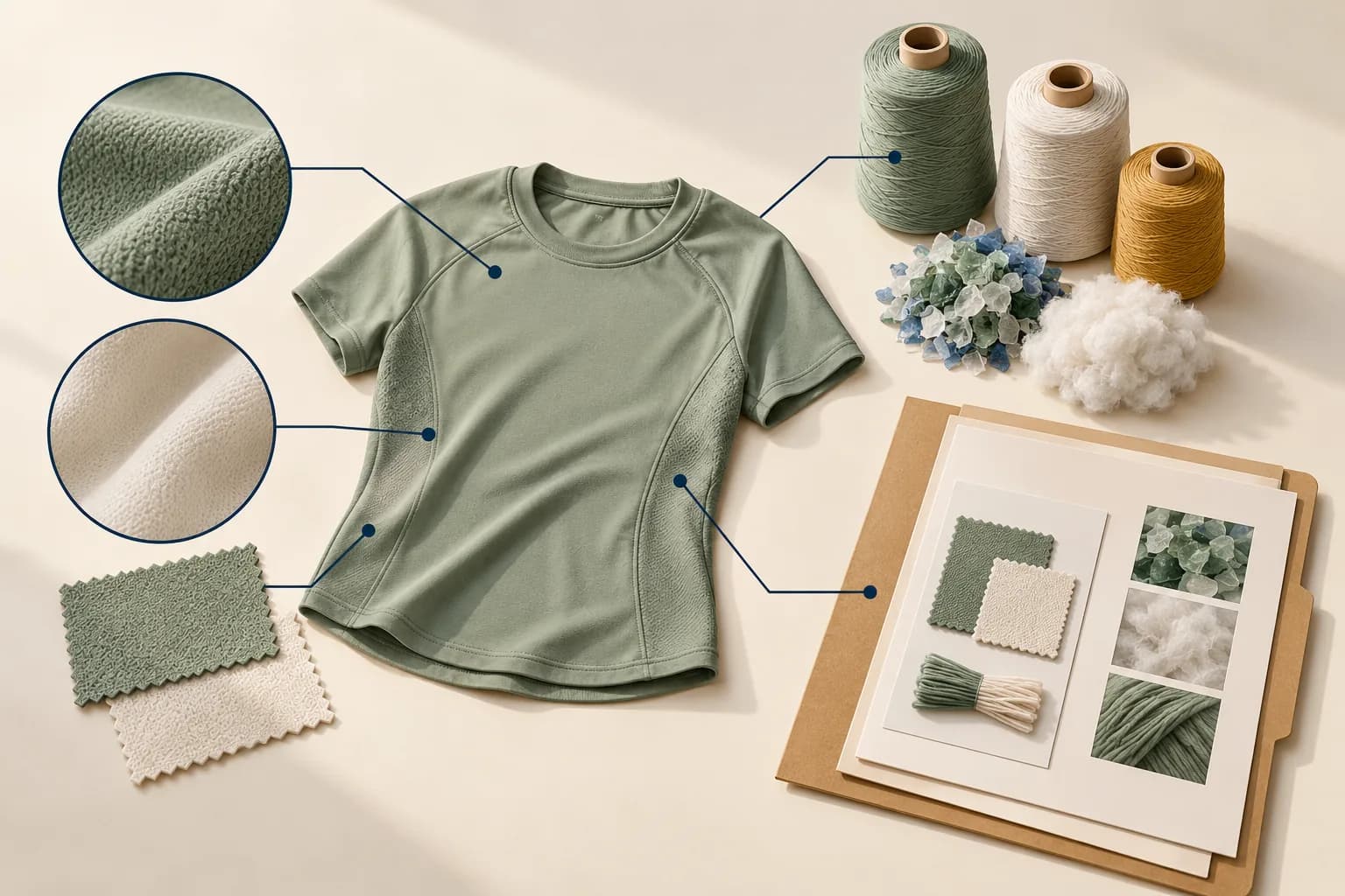 Illustration of garment components, fabric swatches and order documents for recycled apparel sourcing