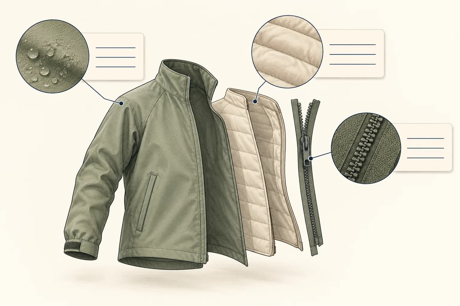 Illustration separating garment shell, lining and trims for component-level evidence review