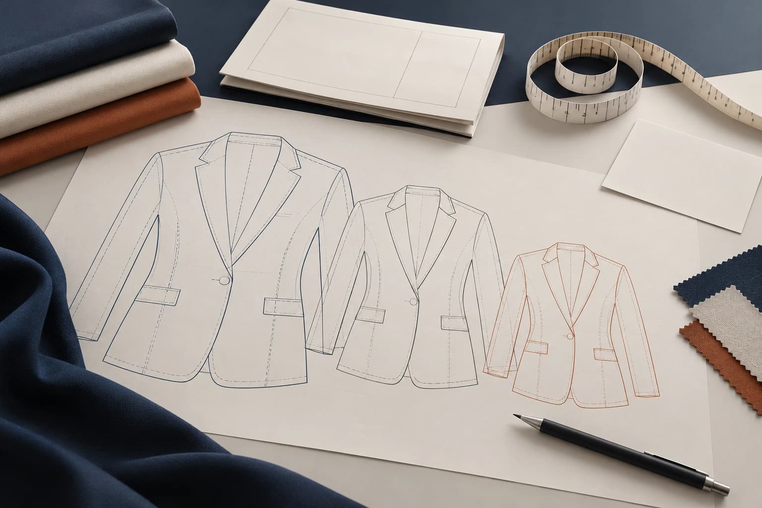 Illustrated garment size grading desk with jacket outlines and blank review records