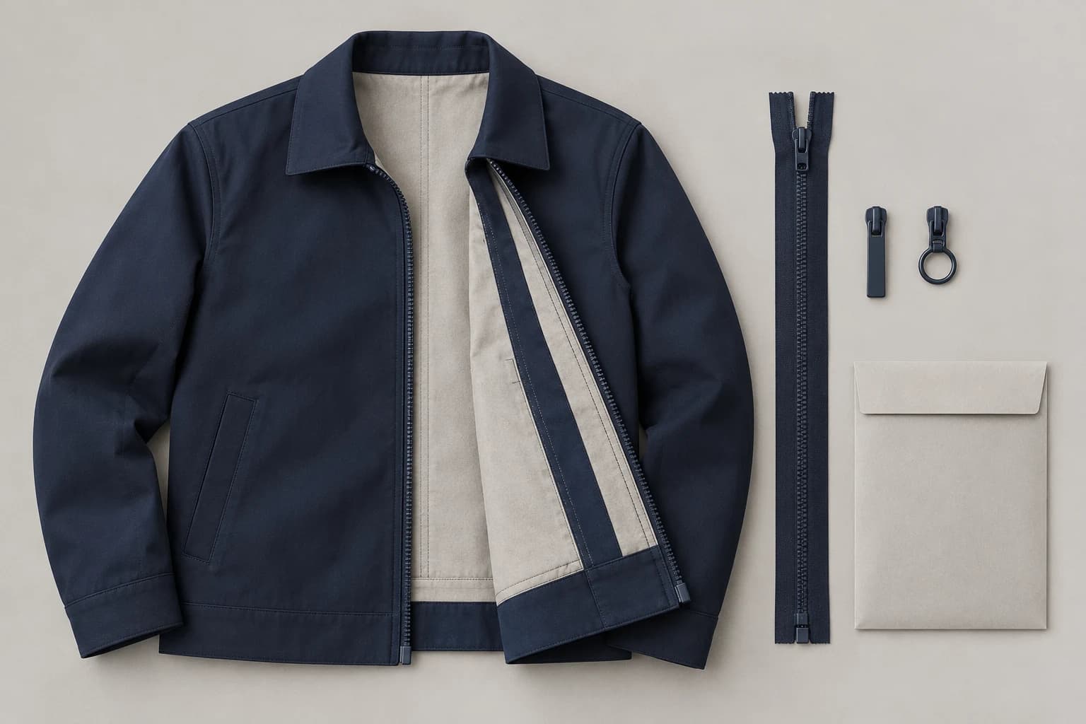 Illustrated jacket, separate front zipper and two puller options beside a blank component envelope