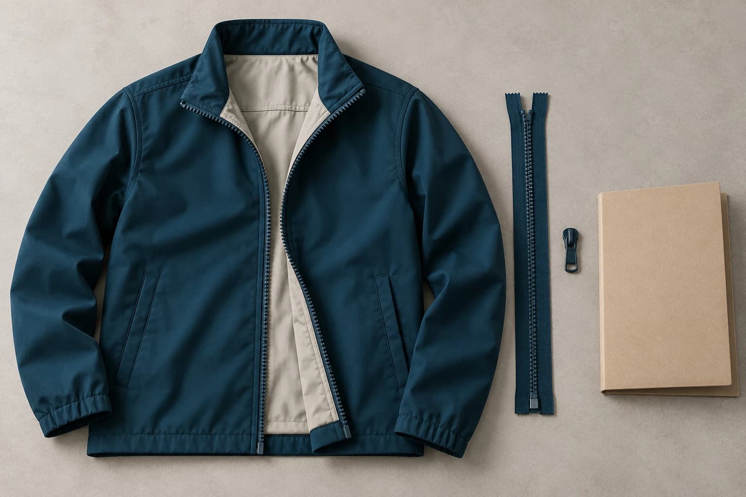 Illustrated jacket with front zipper, a separate closure component, puller and blank development folder
