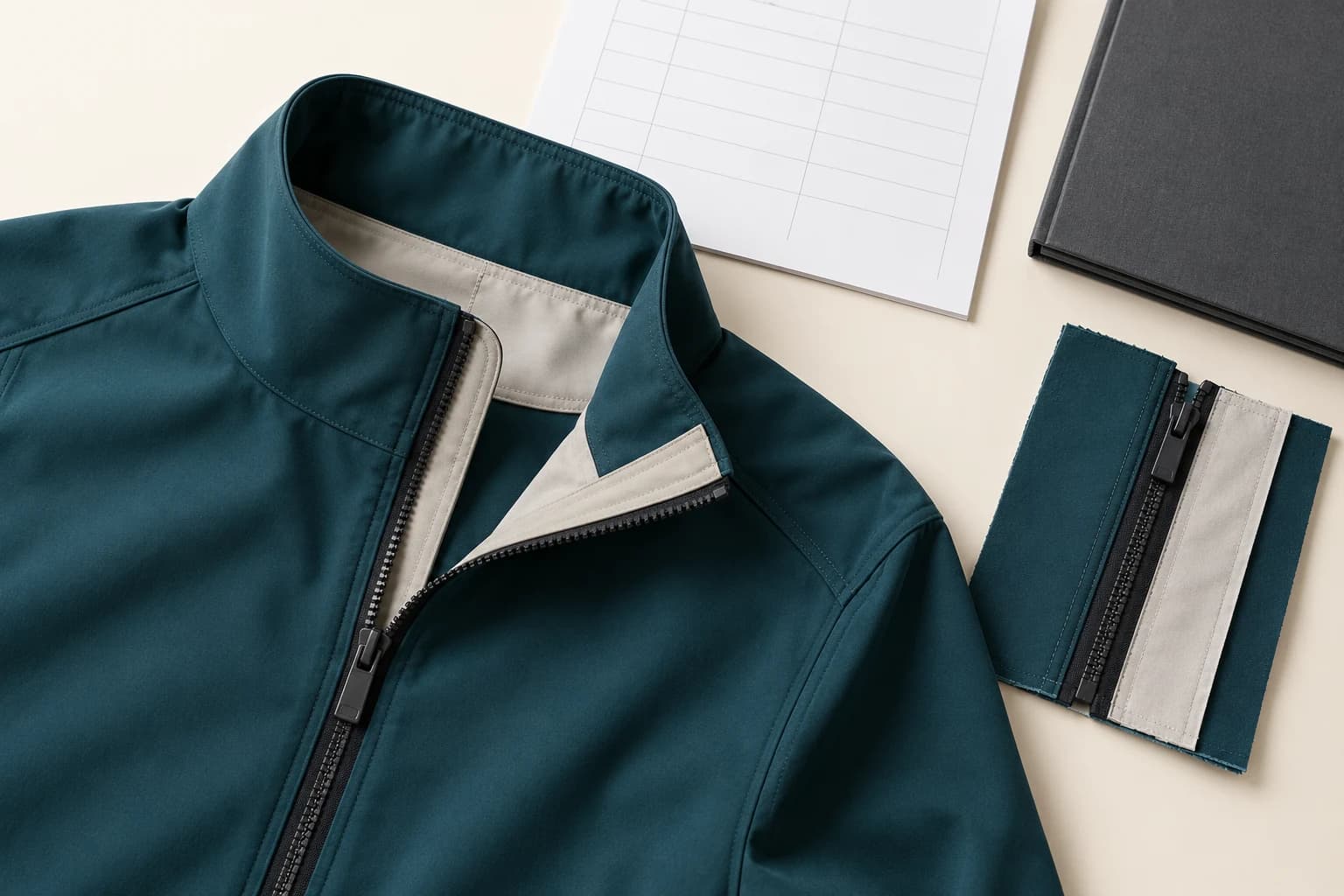 Illustrated collar and zipper junction, matching sewn component sample and blank revision sheet