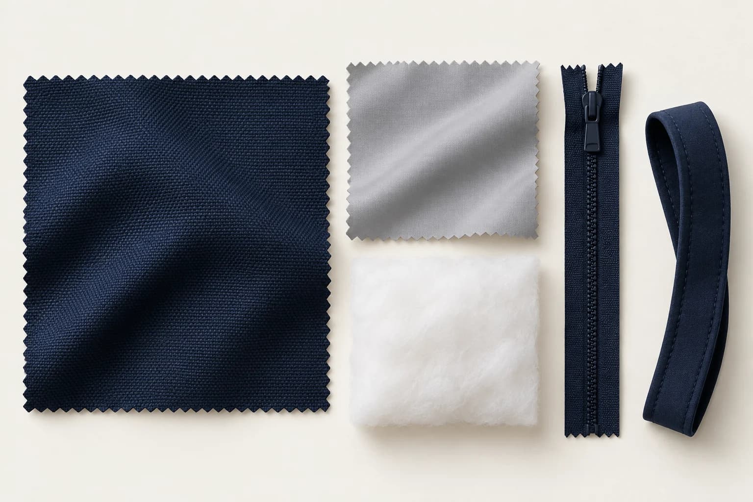 Development illustration of navy outer cloth, light gray lining, a white padding layer, zipper and binding strip for the proposed vest
