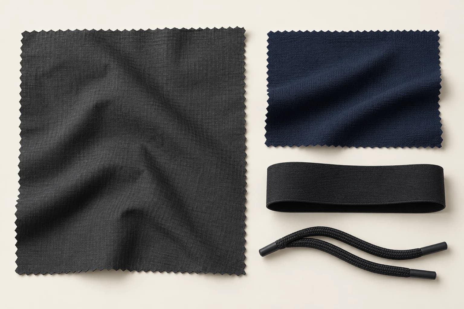 Development illustration of charcoal outer cloth, navy inner-cloth direction, waistband elastic and drawcord for the proposed two-in-one running shorts