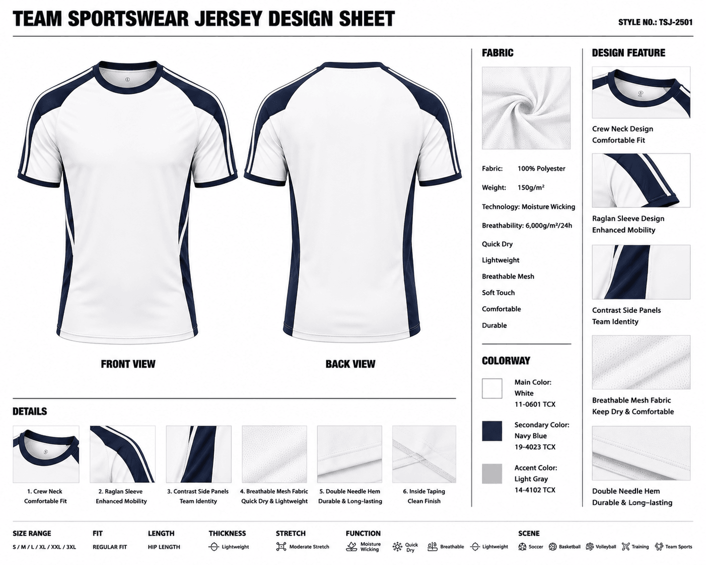 Raglan-Sleeve Contrast-Panel Team Jersey technical design sheet for buyer review