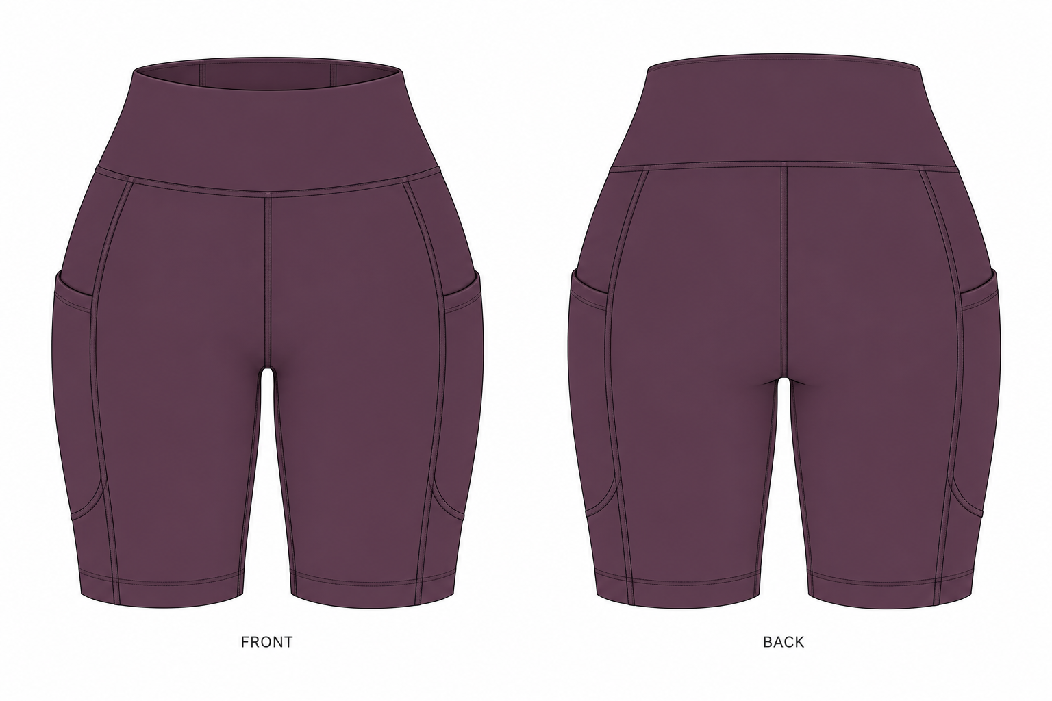 High-Waist Side-Pocket Cycling Shorts technical design sheet for buyer review