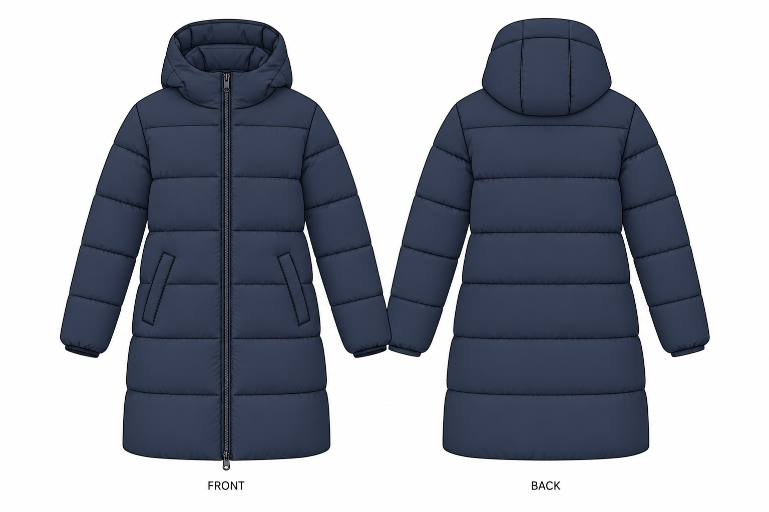 Longline Hooded Quilted Padded Coat technical design sheet for buyer review