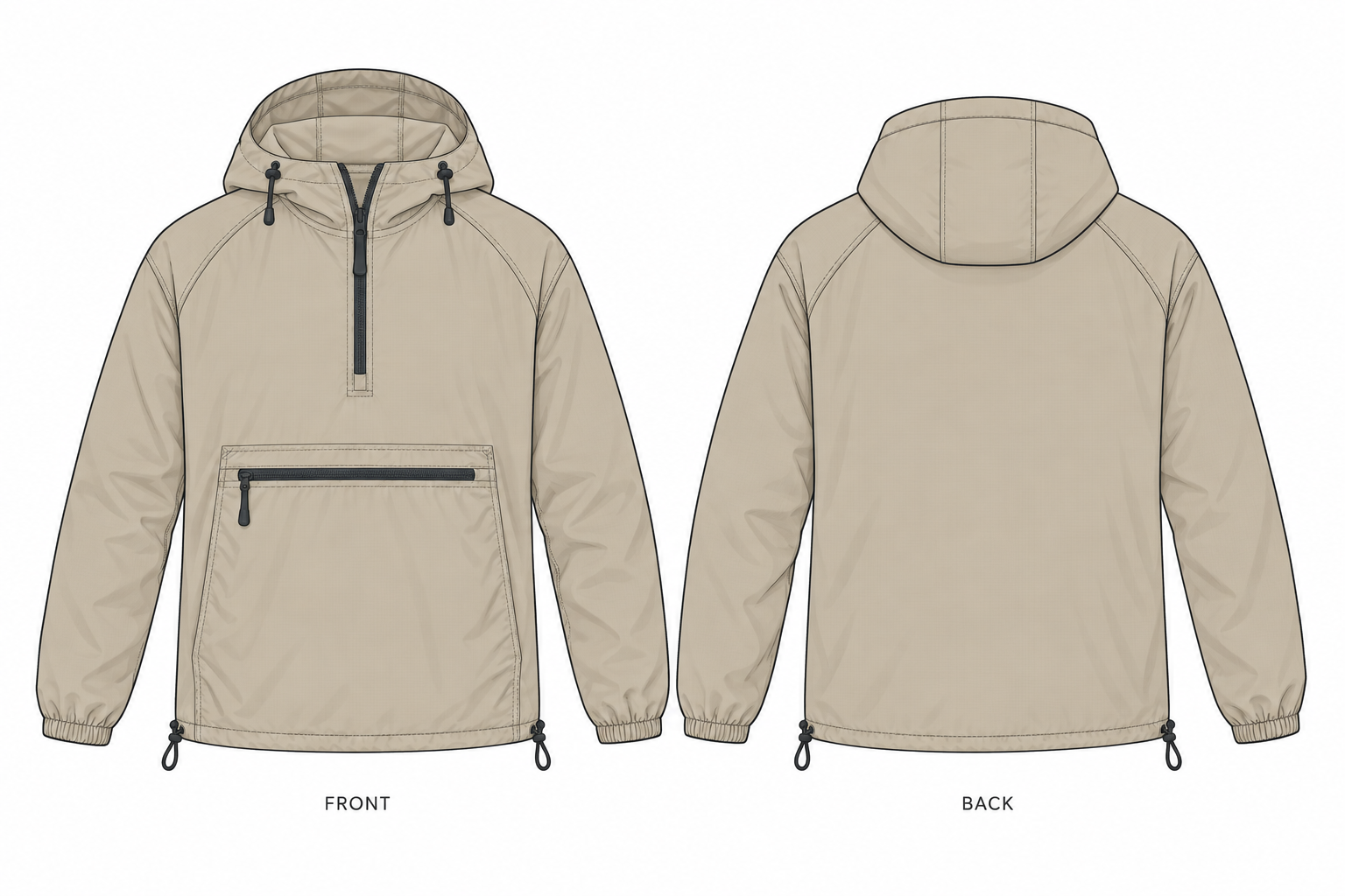 Packable Hooded Pullover Windbreaker technical design sheet for buyer review