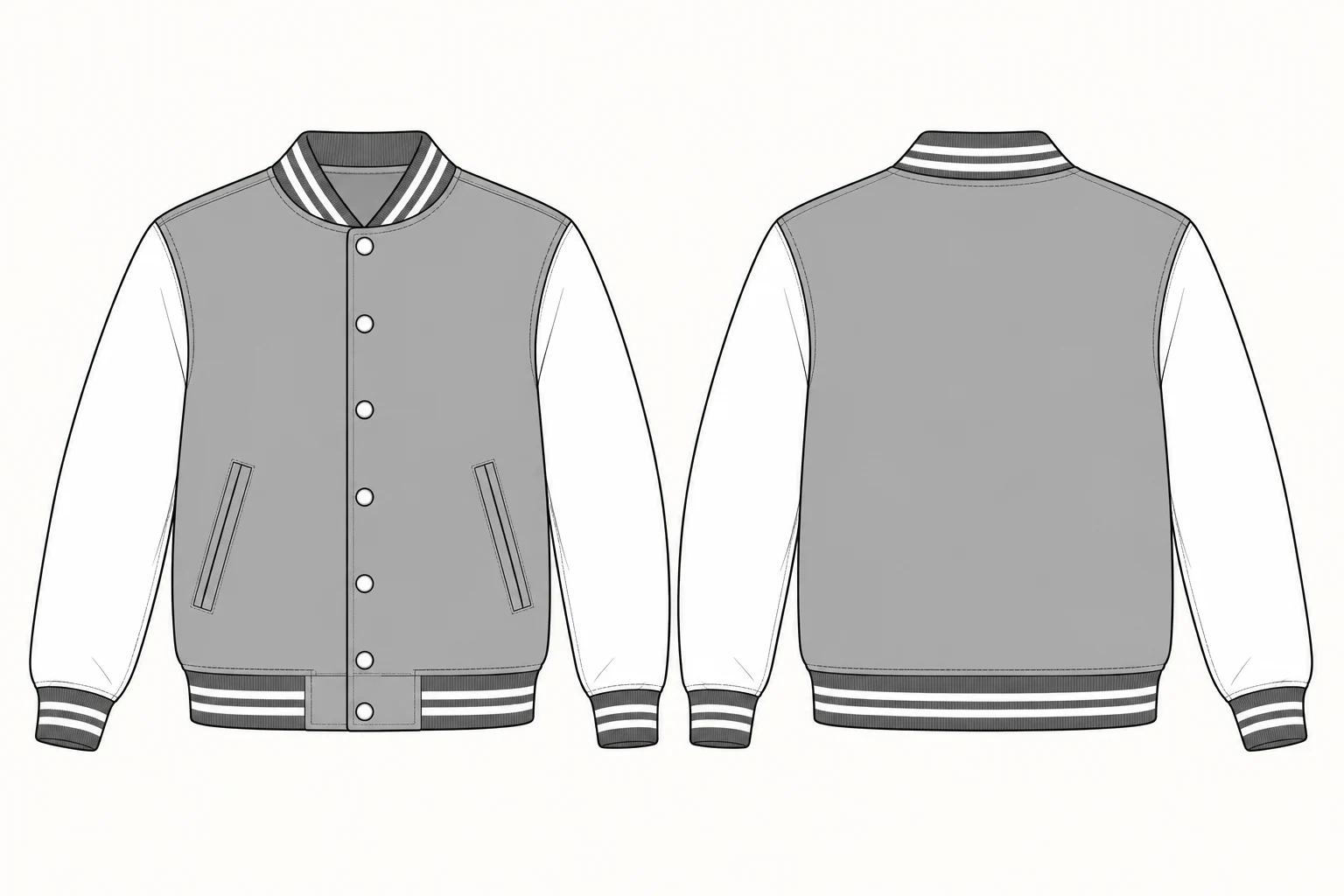 Contrast-Sleeve Snap-Front Varsity Jacket technical design sheet for buyer review