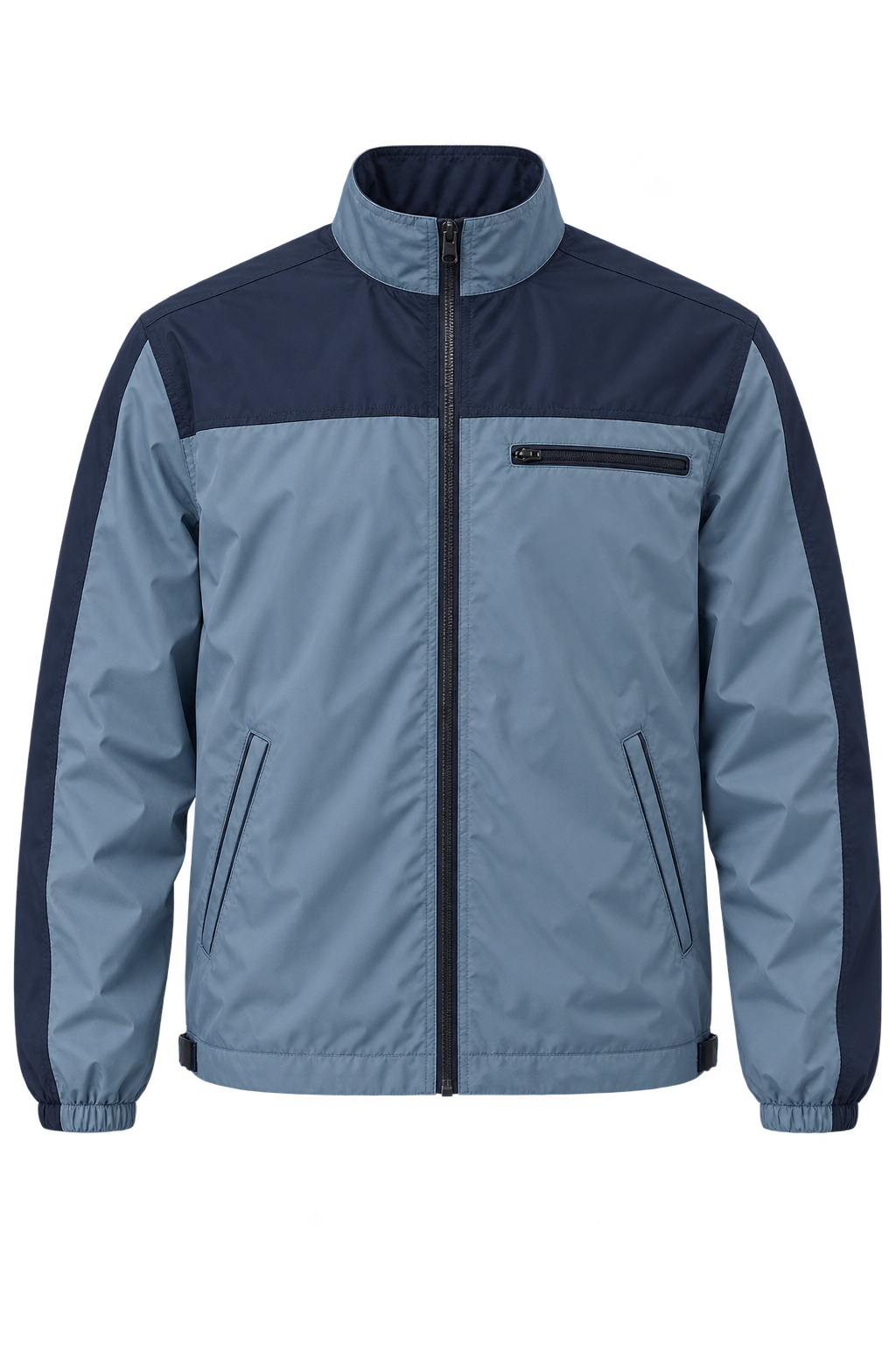 Original steel-blue lightweight jacket with navy shoulder yoke, sleeve panels and a horizontal zipped chest pocket