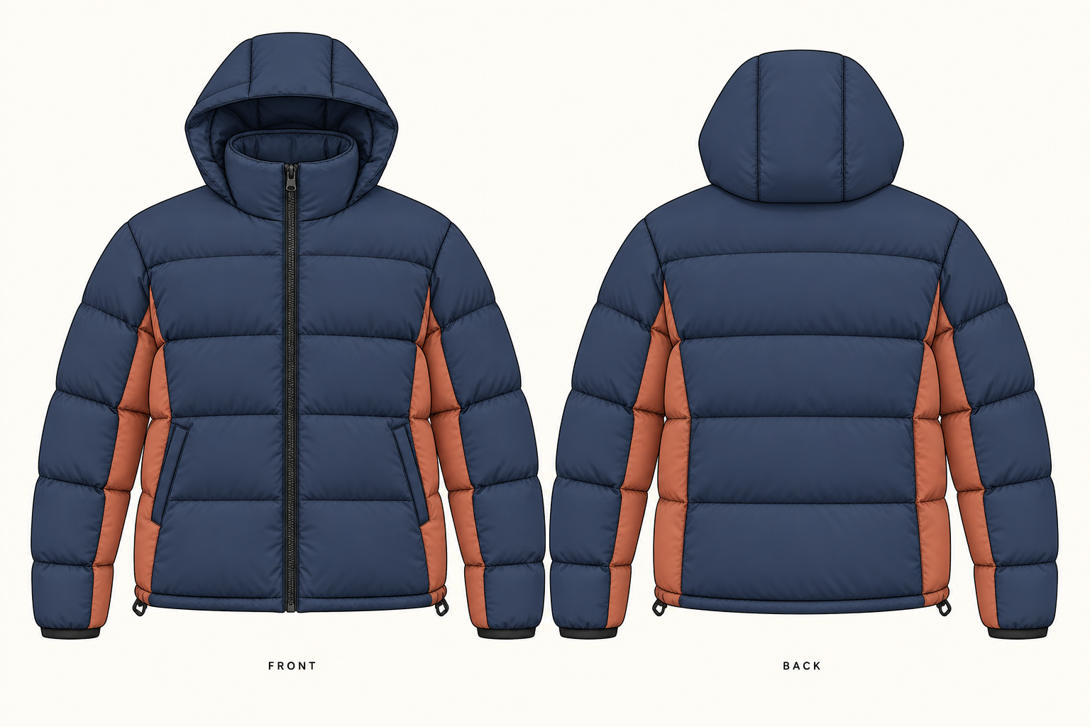 Contrast-Side-Panel Hooded Puffer Jacket technical design sheet for buyer review