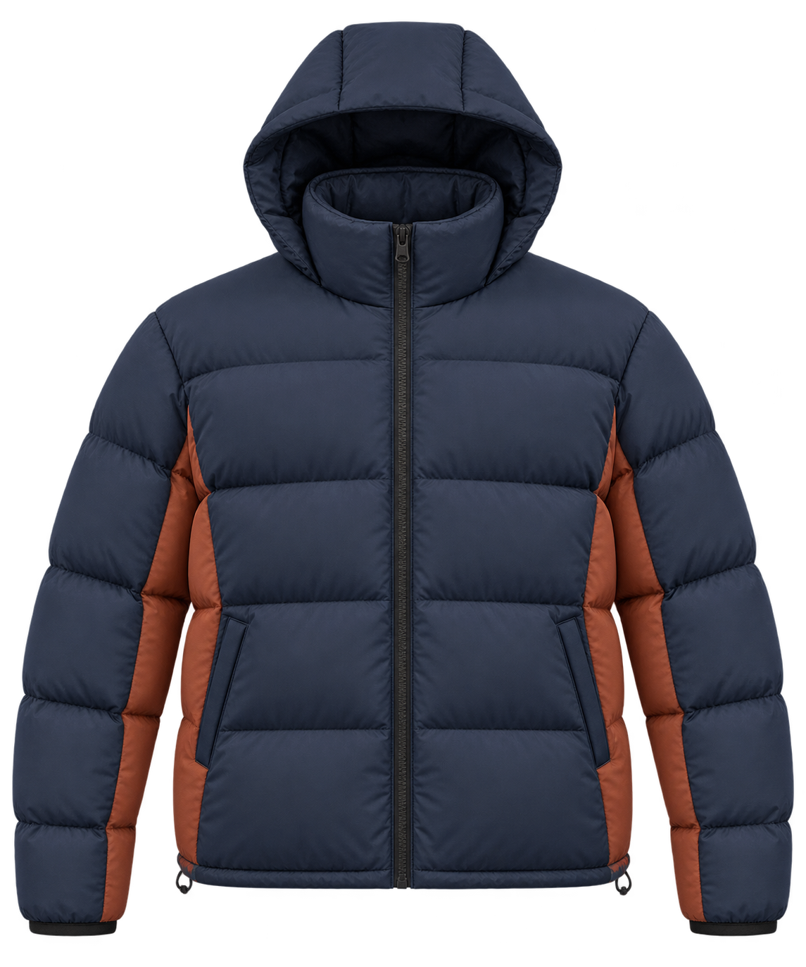 Original navy and rust hooded puffer design with broad horizontal quilting, contrast side gussets and angled hand pockets