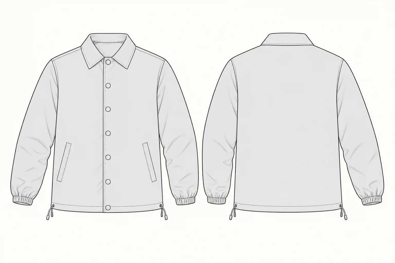 Snap-Front Point-Collar Coach Jacket technical design sheet for buyer review
