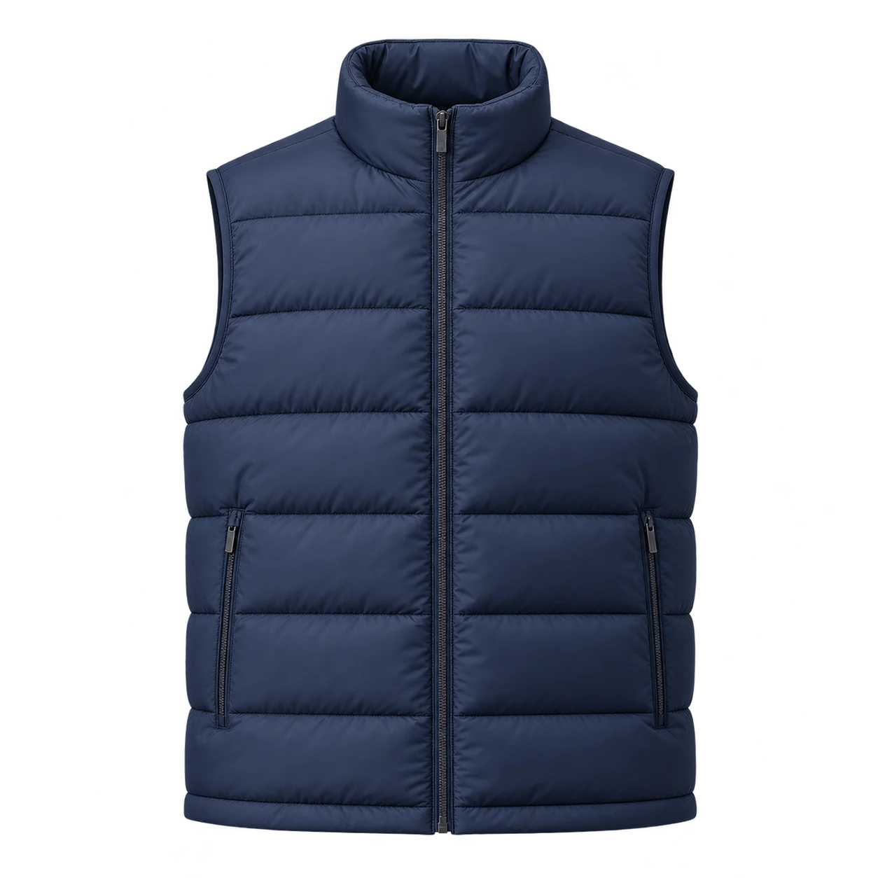 Stand-Collar Puffer Vest with horizontal baffles, proposed front development rendering