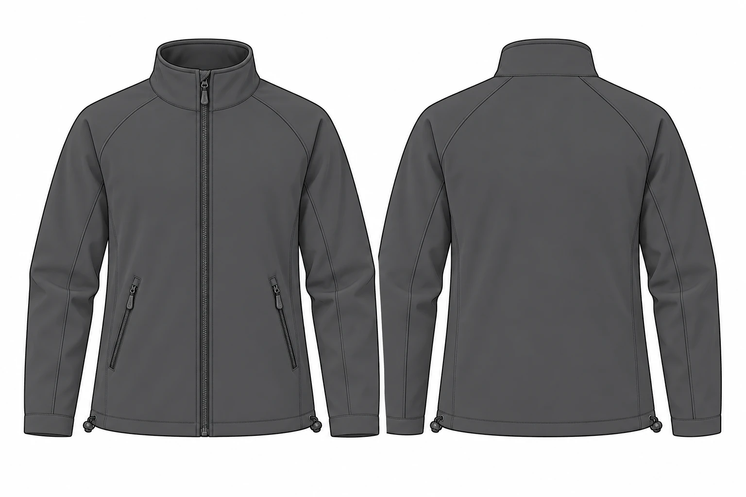 Stand-Collar Raglan Softshell Jacket technical design sheet for buyer review