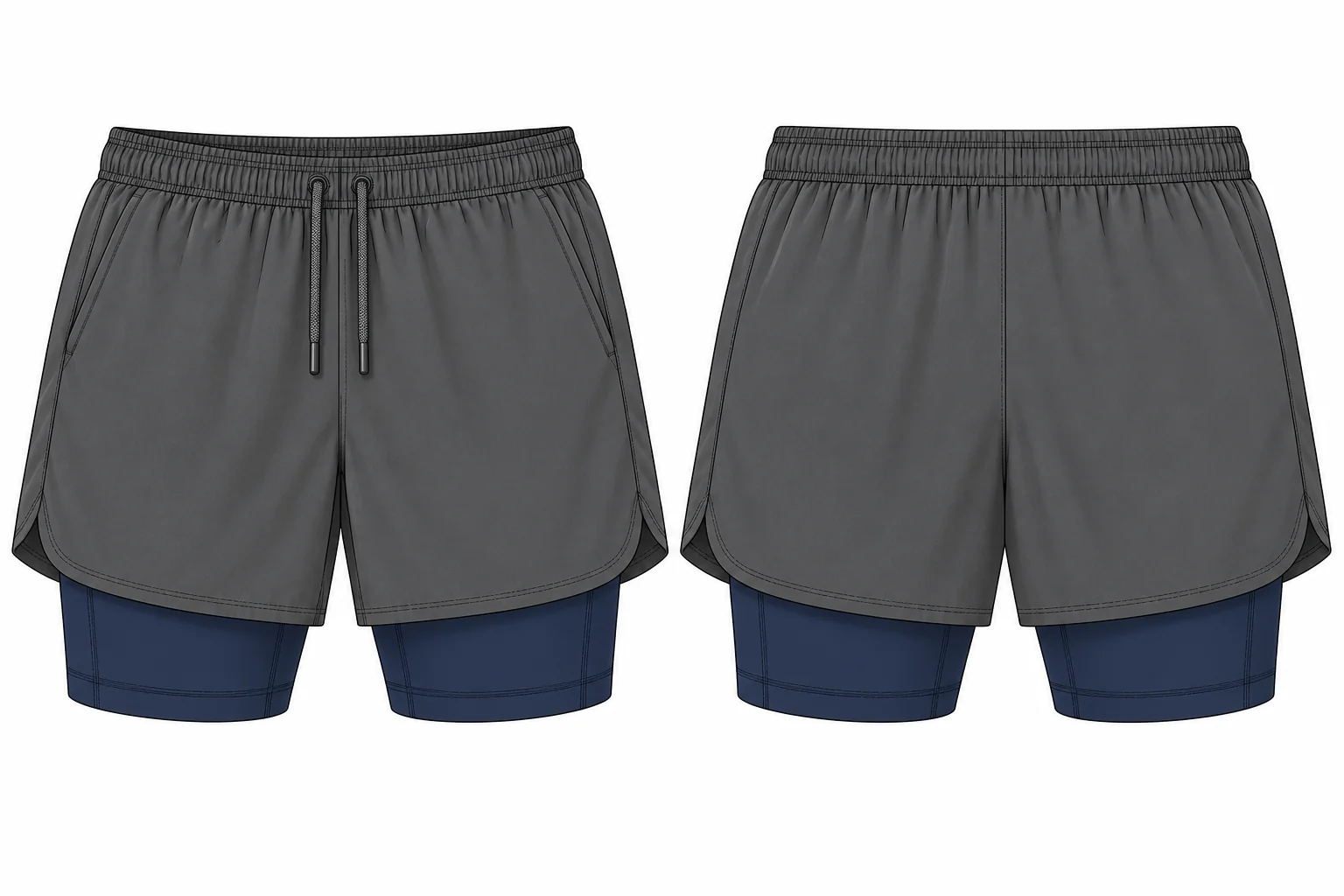 Two-in-One Running Shorts technical design sheet for buyer review