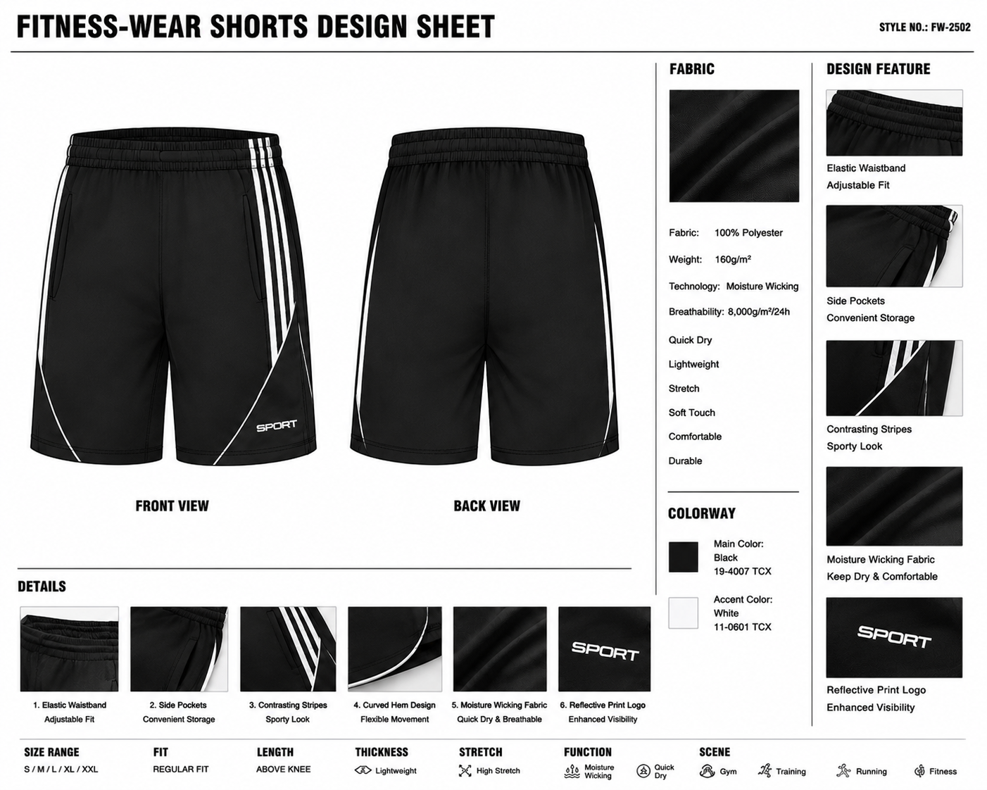 Curved-Stripe Pocket Shorts technical design sheet for buyer review