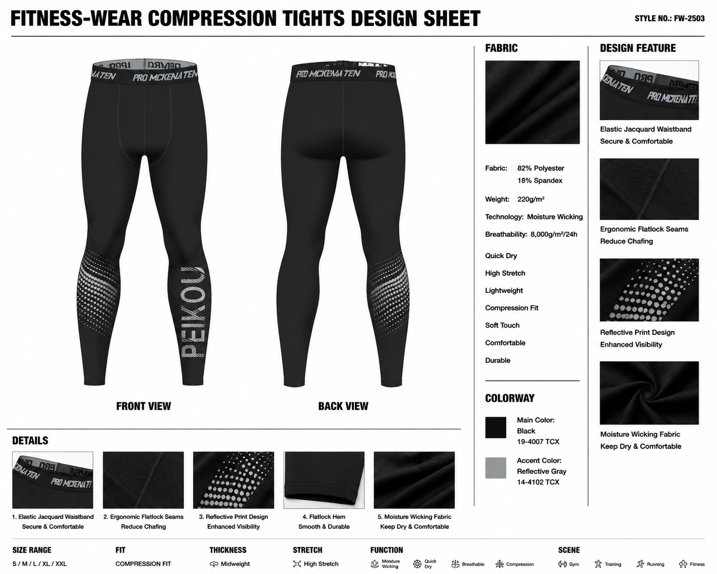 Contoured-Seam Graphic Full-Length Tights technical design sheet for buyer review
