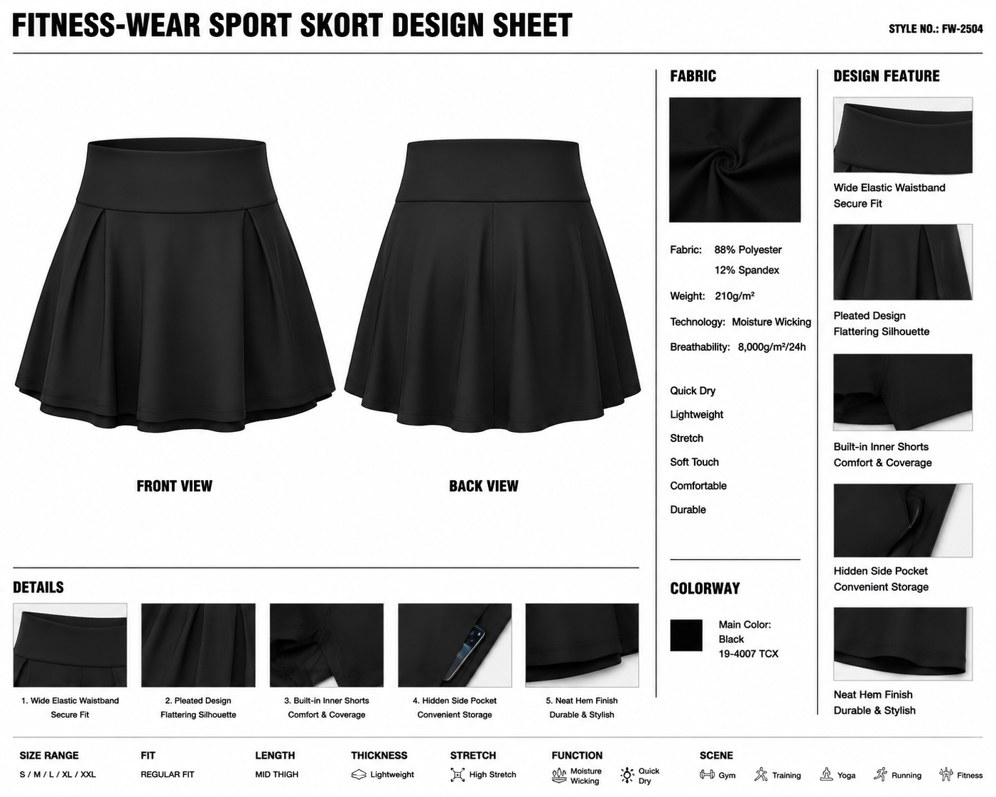 Pleated A-Line Skort technical design sheet for buyer review