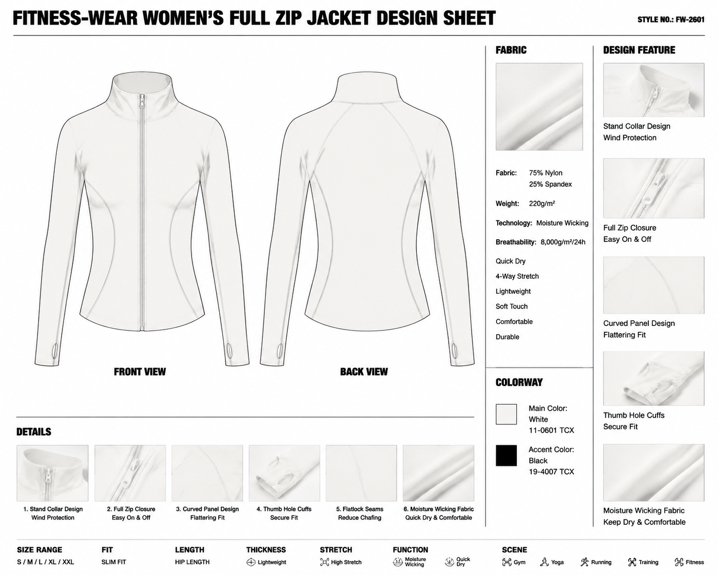 Curved-Panel Stand-Collar Zip Jacket technical design sheet for buyer review