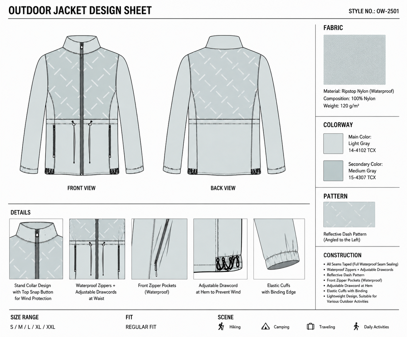Dash-Pattern Drawcord Jacket technical design sheet for buyer review
