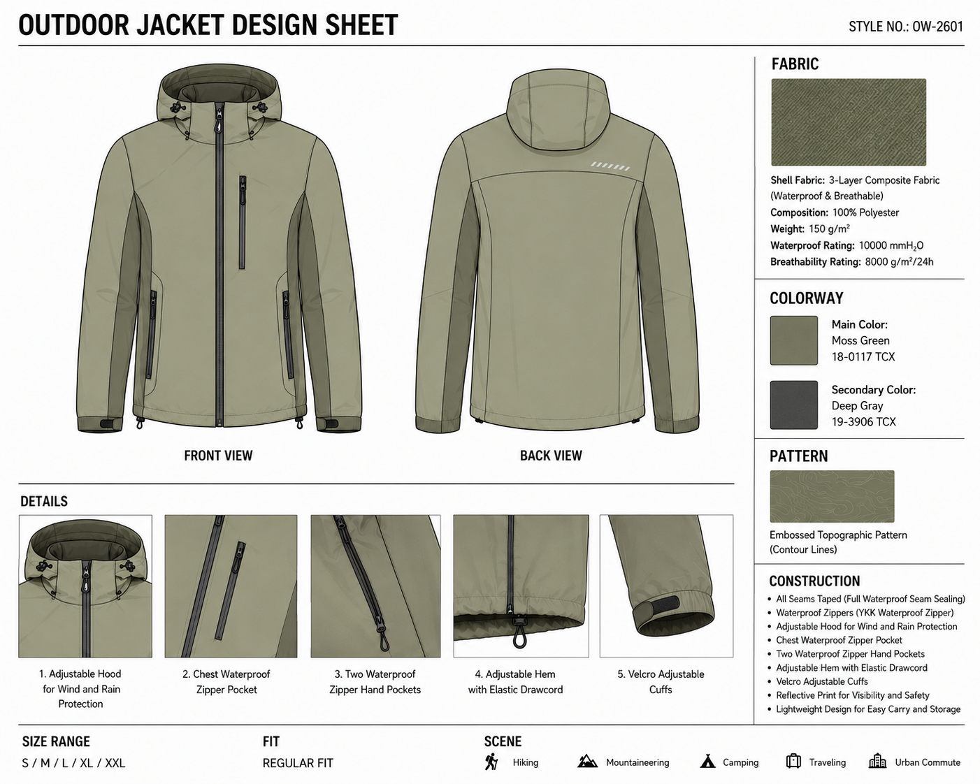Chest-Pocket Hooded Jacket technical design sheet for buyer review