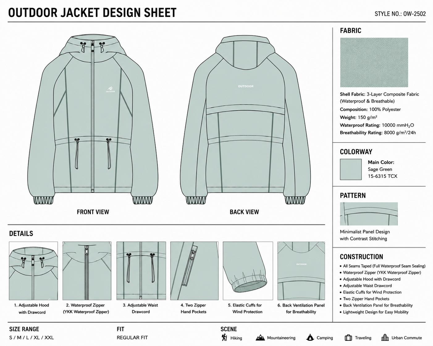 Contrast-Panel Hooded Jacket technical design sheet for buyer review