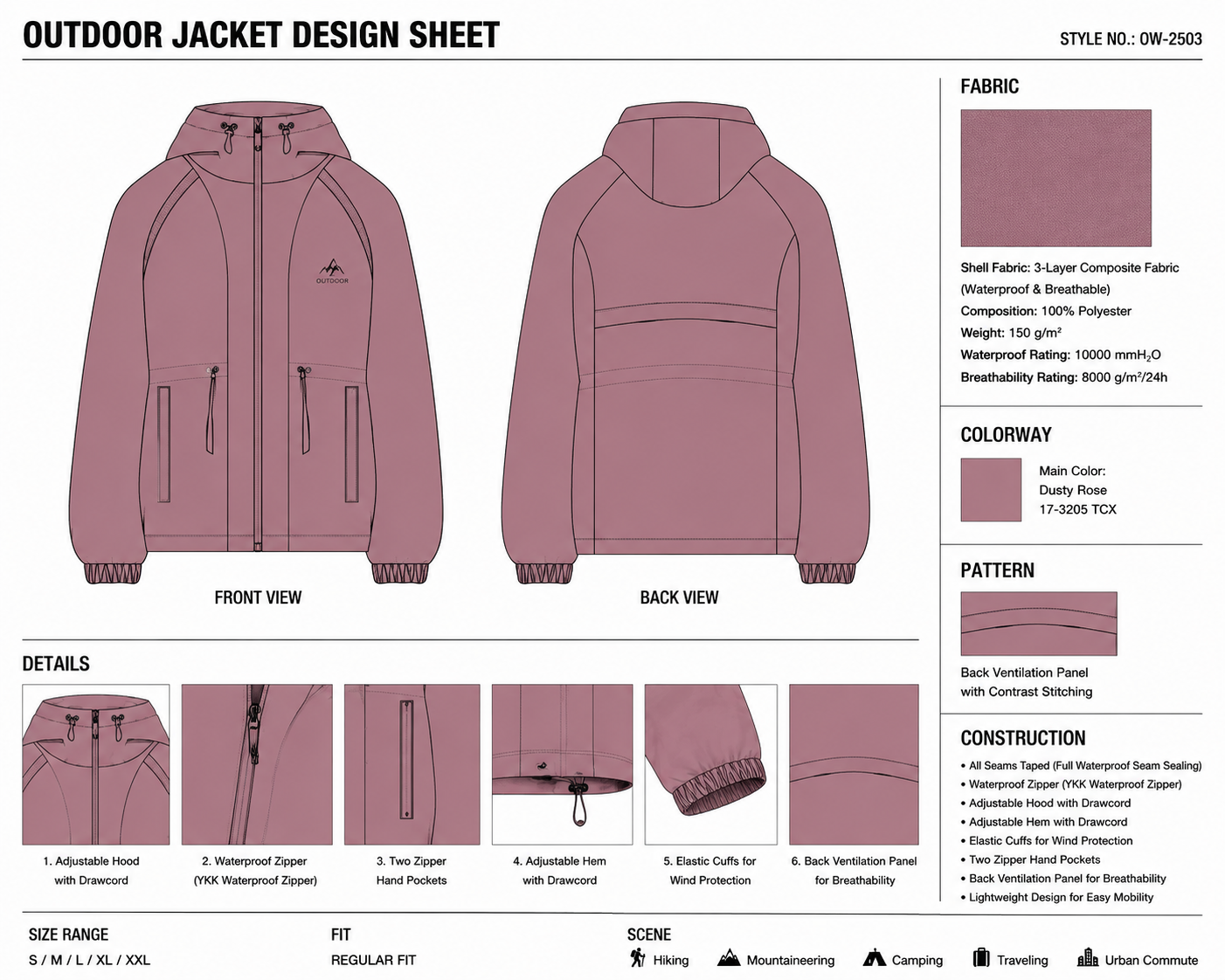 Curved-Panel Hooded Jacket technical design sheet for buyer review